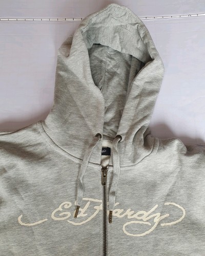 Ed Hardy Ladies Grey Graphic Print Cropped Zip Up Hoodie Size L Back Graphic New - Picture 16 of 24