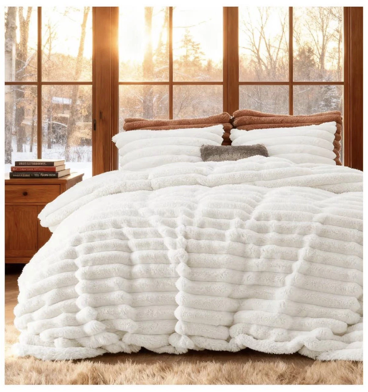 Bedsure Faux Fur Duvet Cover Queen Size White Fluffy Cover Set 2 Pillow Cases