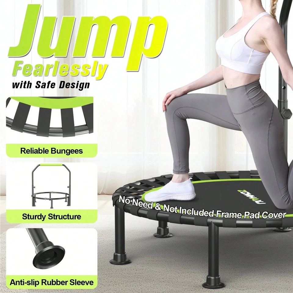 40" Foldable Mini Trampoline Rebounder w/ Adjustable Bar 450lbs Indoor Fitness - Image 4 of 4