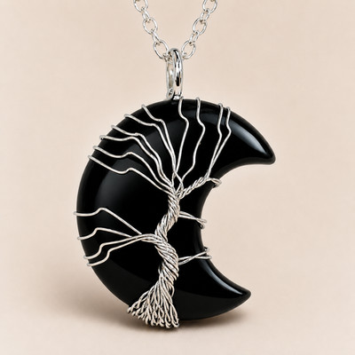 Tree of life Obsidian Moon Pendant 20'' Necklace Crescent Wire Wrapped Jewellery