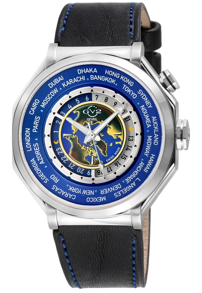 Gv2 By Gevril Men's 42431 Marchese Worldtimer Blue Leather Swiss Wristwatch