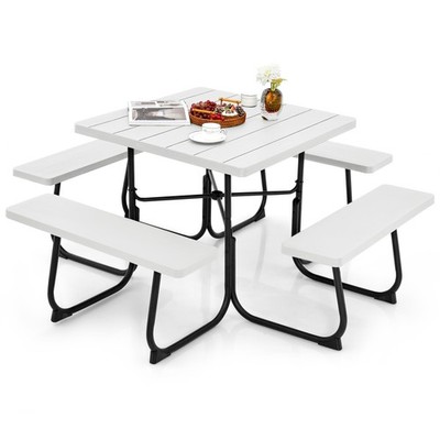 Outdoor 8-person Square Picnic Table Bench Set with 4 Benches & Umbrella Hole