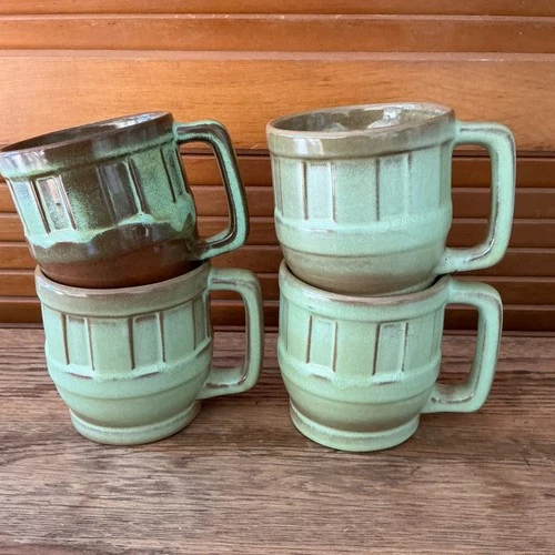 4 Vintage Frankoma Mug Cup Wagon Wheel Pattern Prairie Green 94M