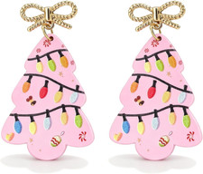 Christmas Earrings for Women Pink Tree Bow Rhinestone Holiday Gifts Stocking