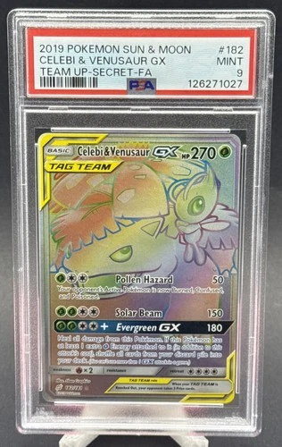 2019 POKEMON SUN & MOON TEAM UP SECRET #182 FULL ART/CELEBI & VENUSAUR GX PSA 9
