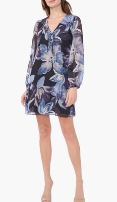 NWT Halogen Floral Lace Up Mini Dress L/S Color Blk & Blue Size-L
