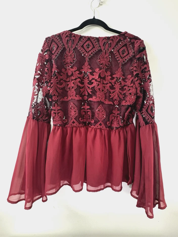 Blusa Babydoll Venus L Borgoña Crochet Gasa Manga Acampanada Top Ajuste Caprimigodo Foto 2 de 4