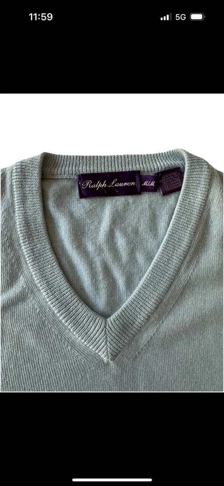 Suéter Ralph Lauren Etiqueta Púrpura Para Hombre Mediano Cuello en V Azul Claro 100% Cachemira Foto 2 de 4