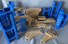 9 Wooden Train Blue Plastic Support Risers w/26 Pieces Of Track Fits Brio/T F  s