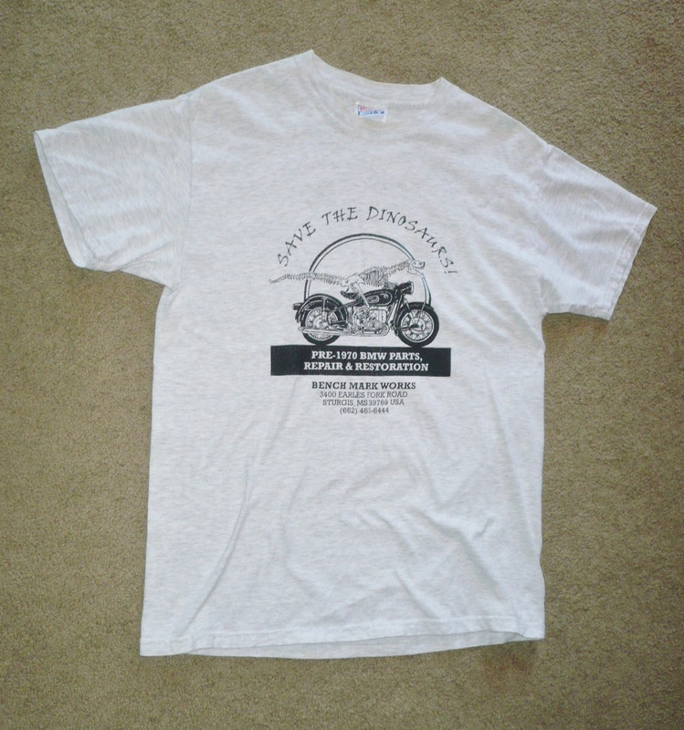 Bench Mark Works "Save The Dinosaurs!" BMW MC Parts/Repair Graphic T~ Adult Lg.
