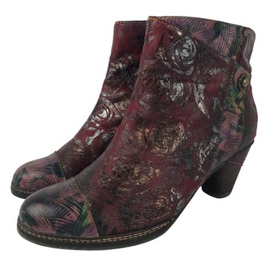 L'Artiste Spring Step Waterlily Floral Leather Ankle Boots Sz 39 Red Metallic