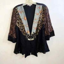 Spencer Alexis Black Brown Blue Floral Lace Patchwork Silk Kimono Blouse Size M