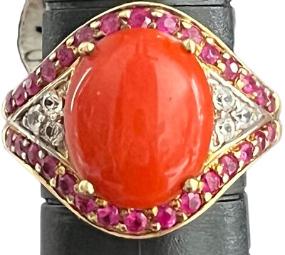 Rarities Ring Fire Coral Ruby Topaz Oval Colorful Gold Plated Ring  Sz 6