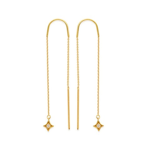 14K Solid Yellow Gold Natural Diamond Star Threader Earrings - Picture 5 of 5