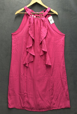 Ashley Stewart Women's Dress Size 18 Pink Ruffle Gemstone Neckline Tie Neck