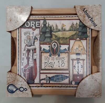 Golf Coasters With Oak Holder Absorbastone Absorbent Stone Life is Short Play 18
