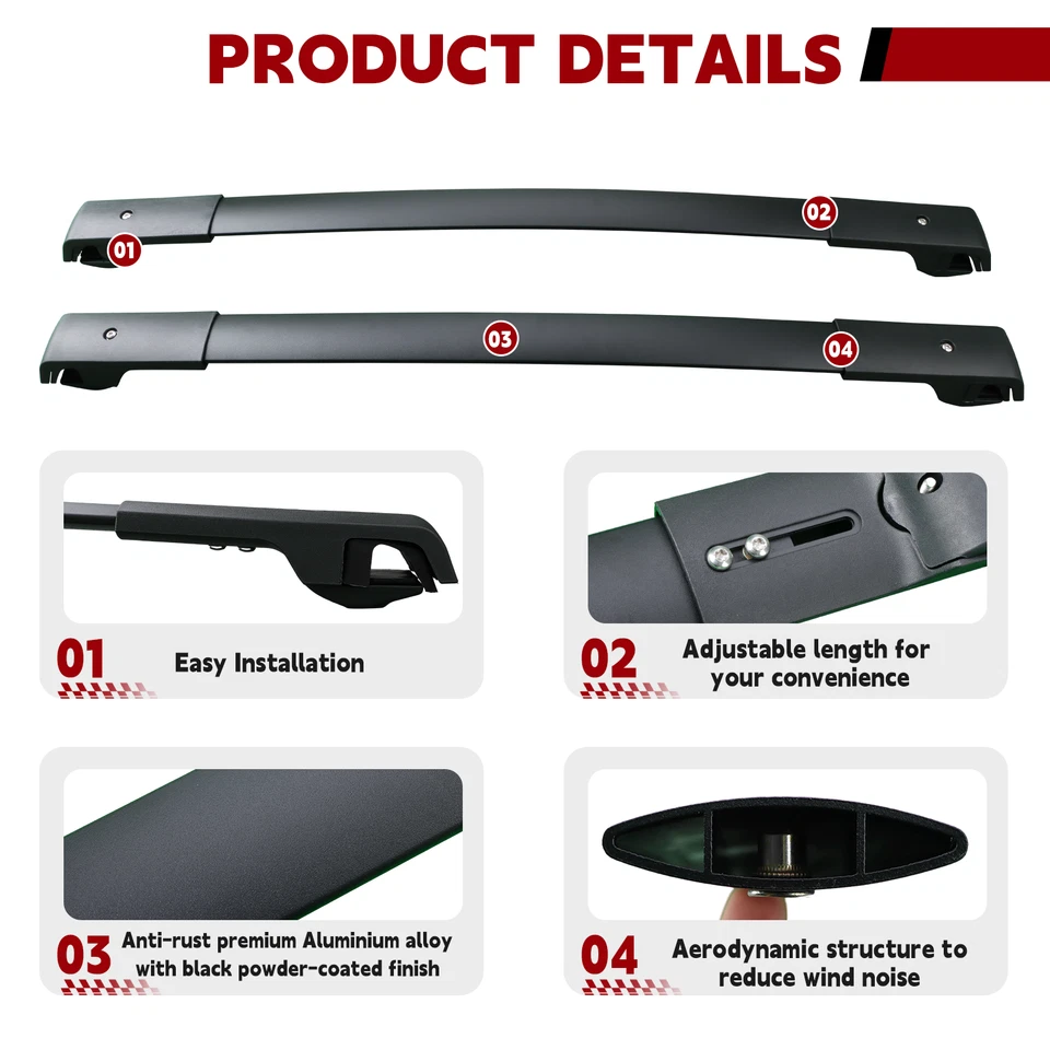 Barra transversal de techo de aluminio negra de 2 piezas 150 lb para Mercedes Benz GLK 2009-2015 Foto 4 de 4