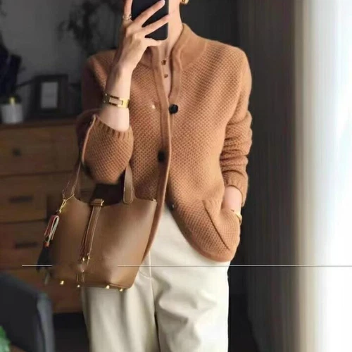Top de lana de invierno para mujer cárdigan suéter de cachemir manga larga cuello alto suéter - Imagen 20 de 27