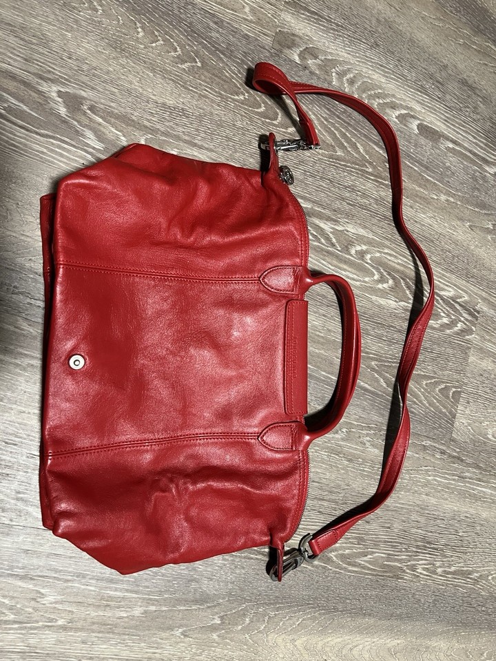 Longchamp Le Pliage Cuir Leather Bag RUBY RED AUTHENTIC In Perfect