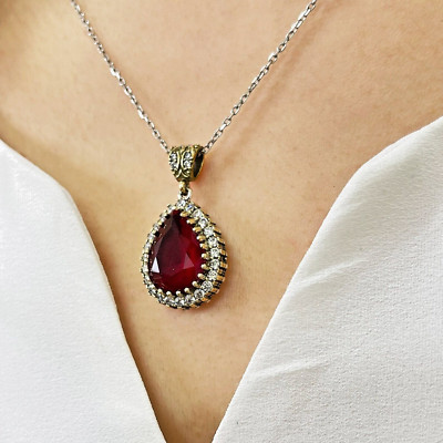 3Ct Pear Cut Lab-Created Red Ruby Diamond Women's Pendant 14K White Gold Plated