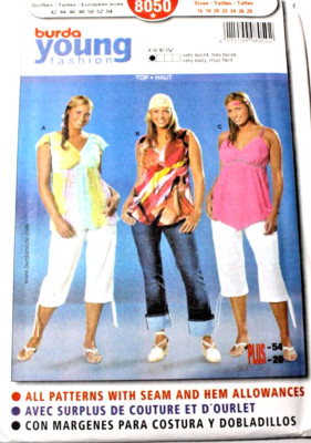 Burda 8050 Young Misses PLUS Tops 16-18-20-22-24-26-28 Sewing Pattern 3 Styles