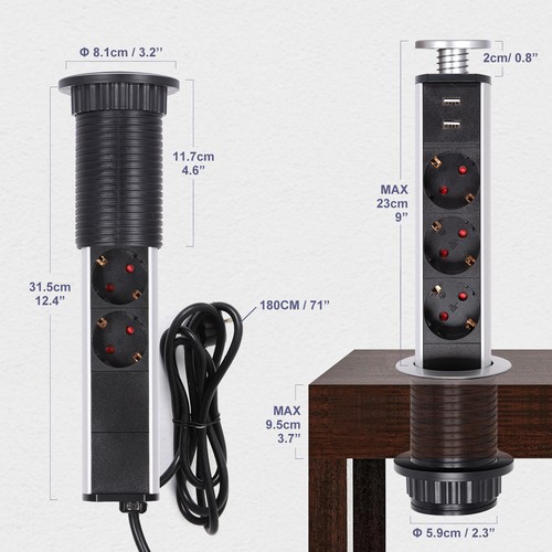 3 Fach Tischsteckdose Einbausteckdose Versenkbar mit USB Küche Büro 1.8m Kabel - Bild 13 von 15