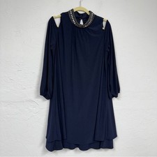 X by Xscape Blue Beaded Collar Formal Mini Dress Women 16 Babydoll Cold Shoulder