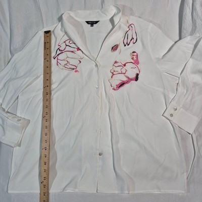 MISOOK LONG SLEEVE V-NECK BLOUSE WITH NICE EMBROIDERY POLYESTER CHIFFON LARGE