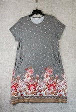 J.Jill 100% Cotton Shift Dress Womens XL Gray Pink Floral Short Sleeve Pockets