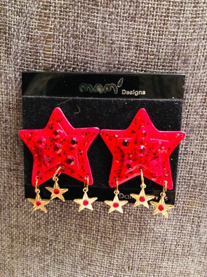 Vtg Dsgn Mam' Collectors Christmas Gltrd Red  Mix ''Stars'' Dangle Clip Earrings