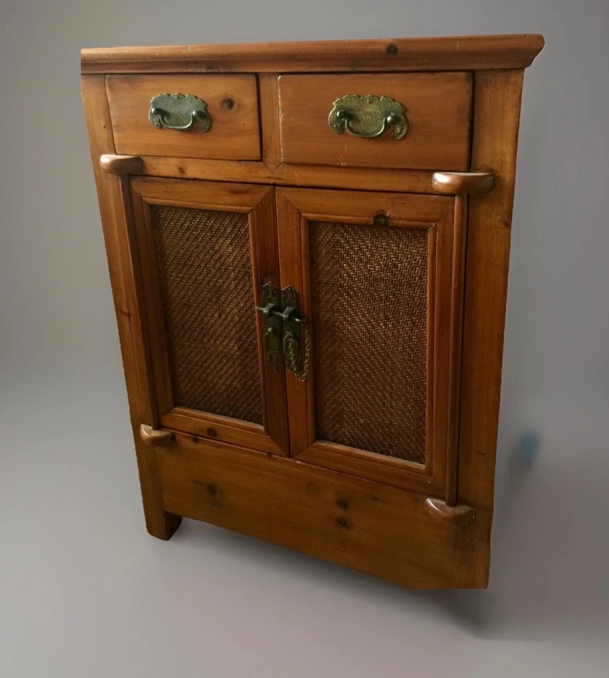 Vtg Chinese Elm Wood, Rattan Doors/ 2 Drawers Cabinet  35" , Ming-Style Feet, - Image 2 of 4
