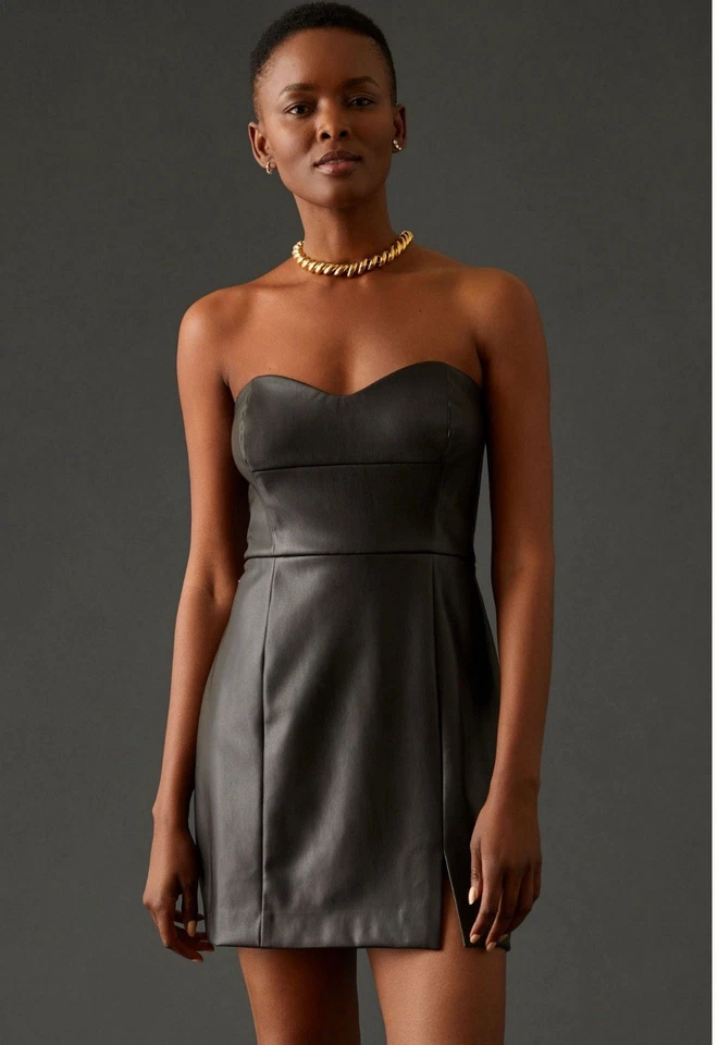 Hutch Anthropologie Size 10 Vegan Leather Strapless Sweetheart Black Mini Dress - Image 2 of 4