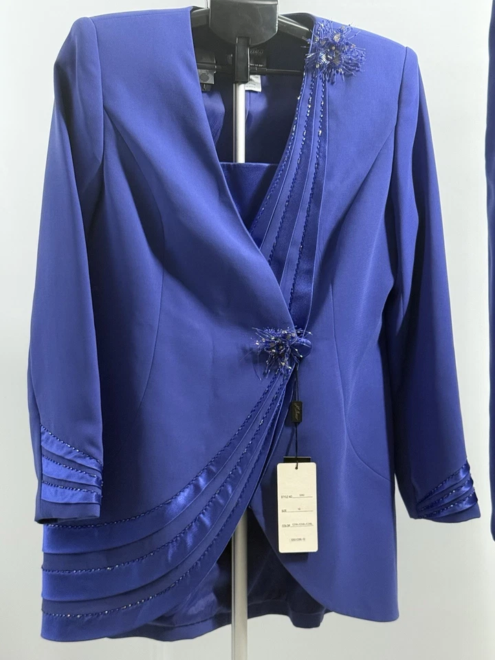 Milano 2 Pc Blue Beaded Satin Sunday Church Skirt Suit Sz 12 Formal Evening NWT - Image 3 of 4