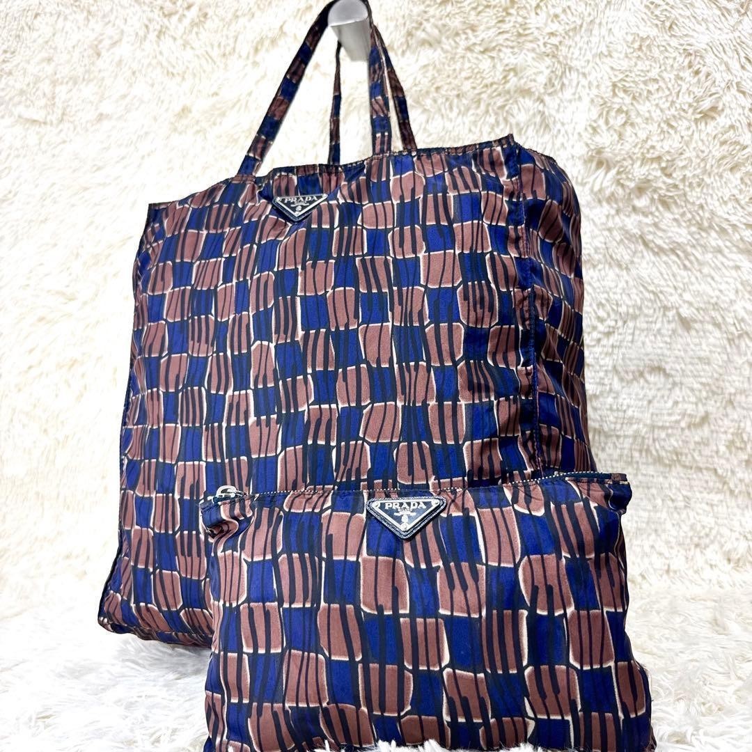 PRADA Nylon Tote Bag Brown Blue Women's Made in Italy Authentic USED From JAPAN