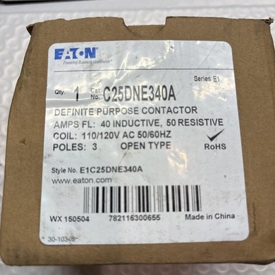 Eaton C25DNE340A Definite Purpose Contactors, 110/120V AC, 3P, Open Type, New