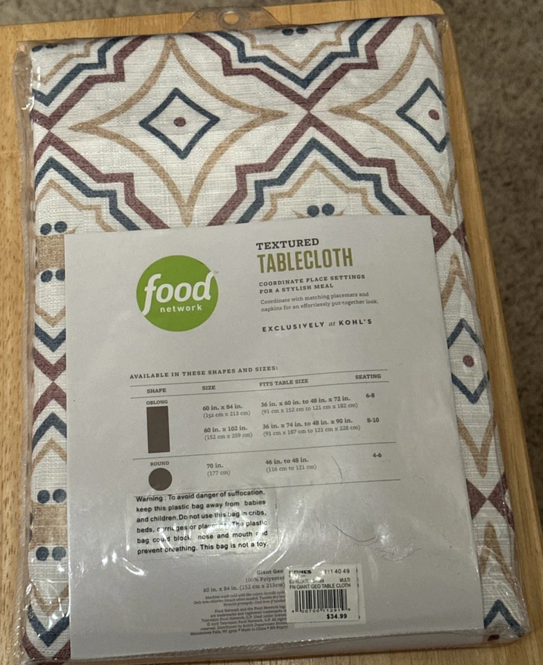Food Network Giant Geometric Textured Tablecloth 60x84 - Cream, Blue, Gold - NEW - Image 2 of 2