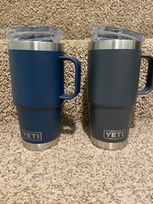 TWO Yeti Rambler 20 oz Travel Mug Handle Stronghold Lid Magslider Gray Navy EUC