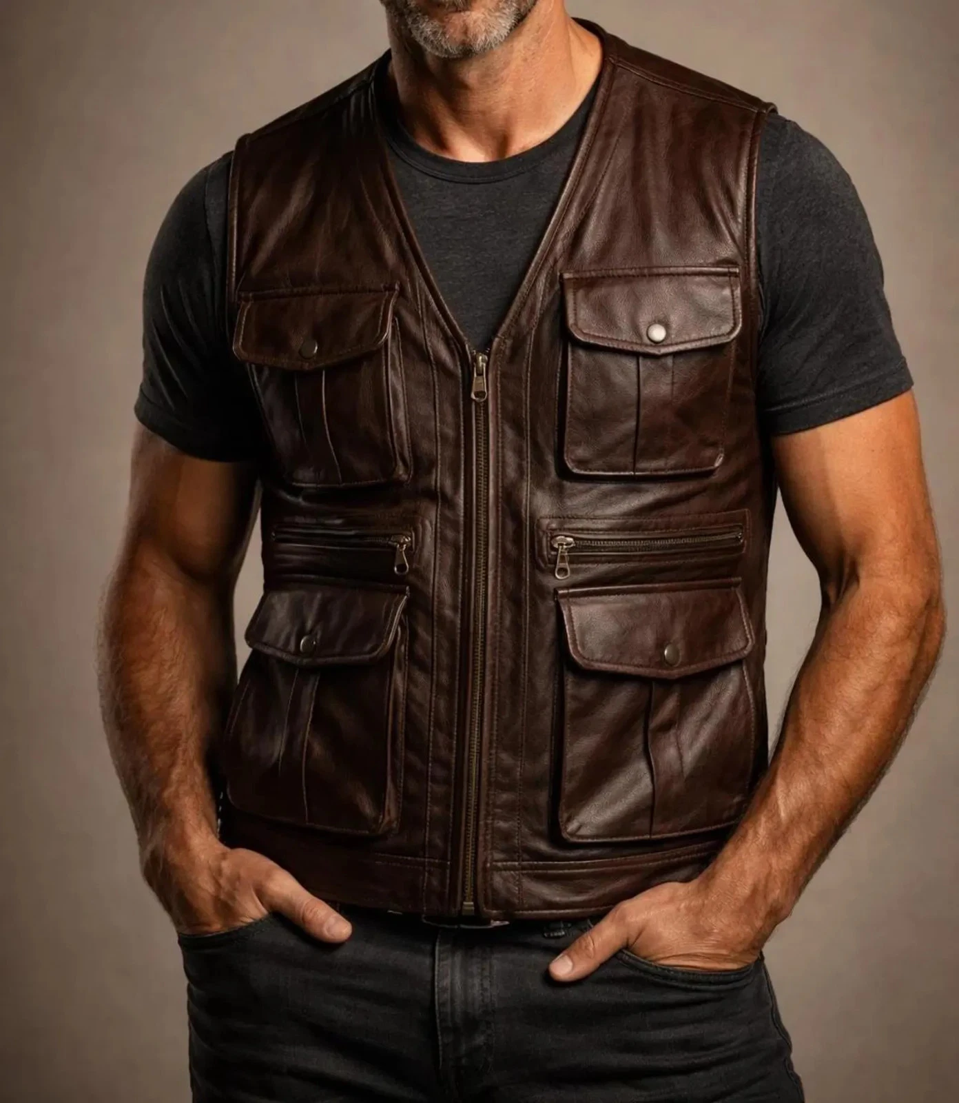Men’s Genuine Brown Cowhide Leather Vest, Handmade Biker Fashion Wear