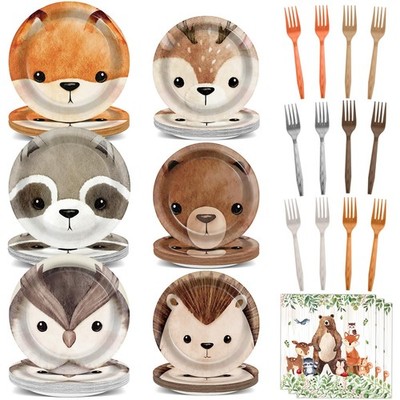 96Pcs Woodland Party Paper Plates and Napkins for Animal Party Decorations Wo...