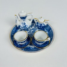 Vintage Mini Porcelain China Blue White Tea Set Blue Willow 9 Pc Set Gold Trim