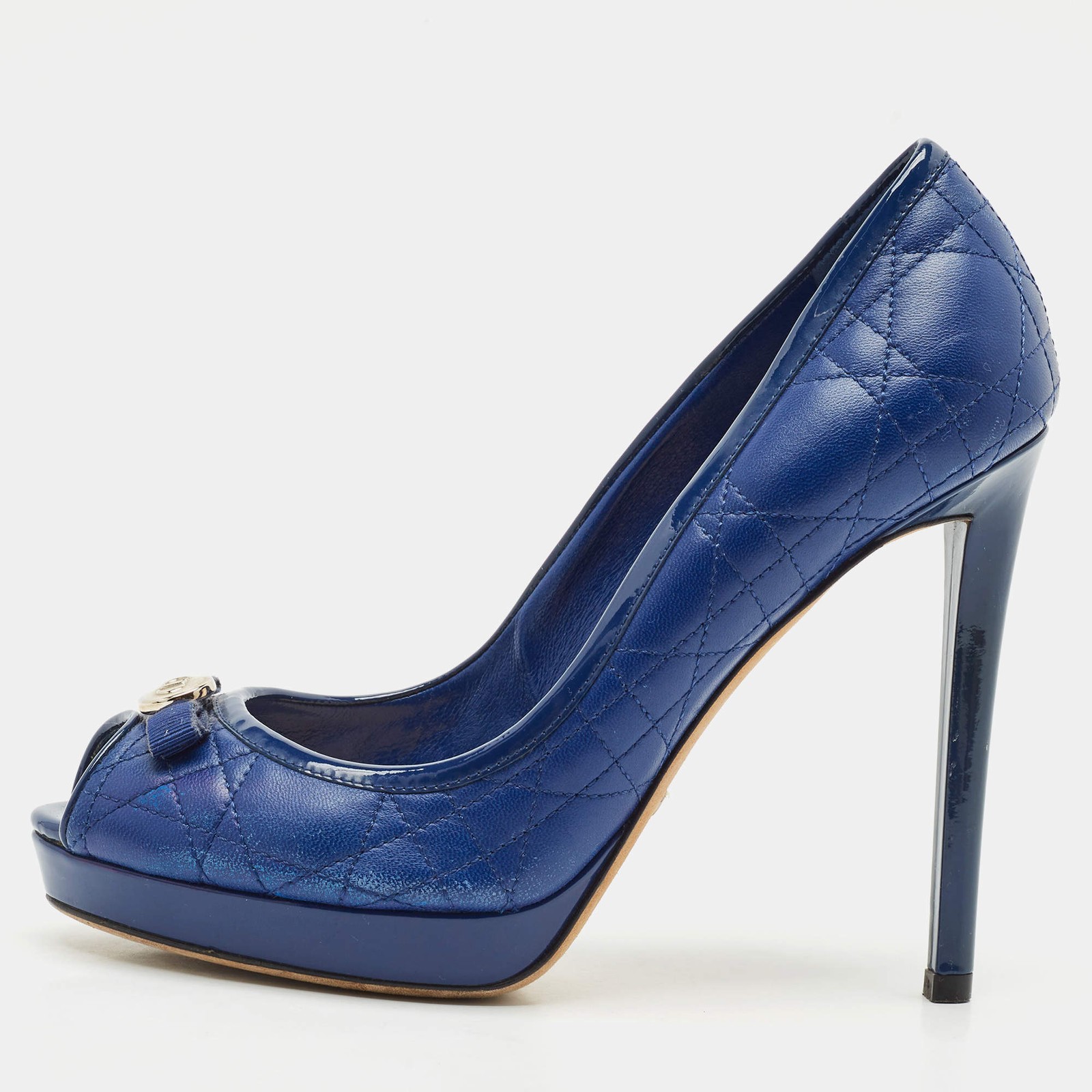 Dior Blue Cannage Leather and Patent Bow Peep Toe Platform Pumps Size 37