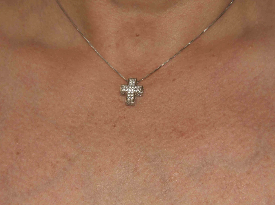 collana croce argento 925 massiccio scatolata 3D pave' zirconi collier ciondolo - Immagine 2 di 4