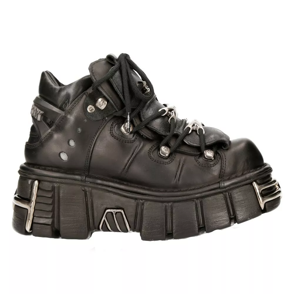 New Rock 106-S1 Unisex Metallic Black Classic Leather Biker Gothic Boots