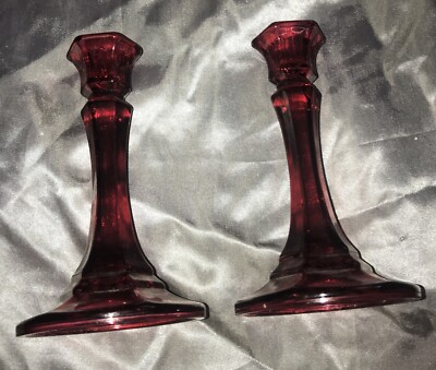 Pair Ruby Red Candle Stick Indiana Glass. Vintage Valentine Birthday         BX2