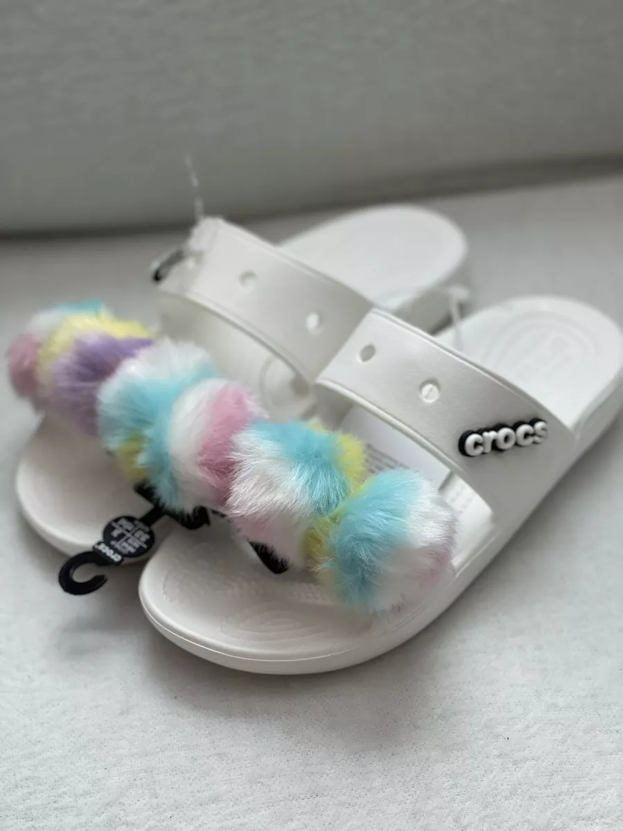 Crocs Classic Fur Sure Sandal Relaxed Fit Womens Size 8 White Multi