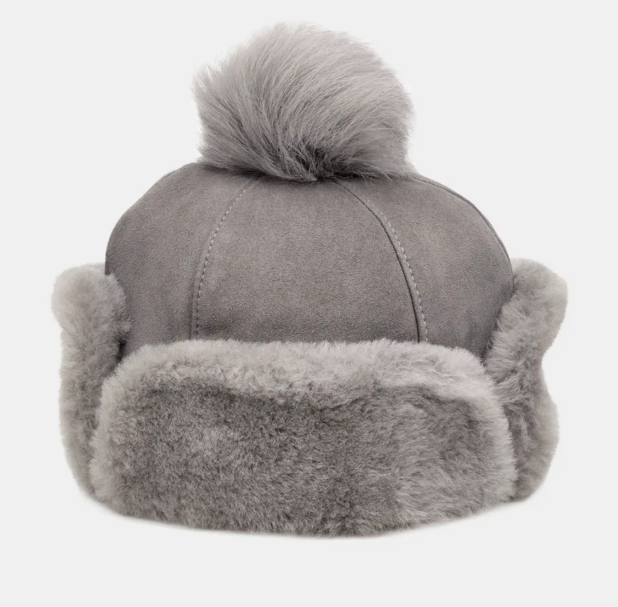 UGG Hat UpFlap Shearling Pom Aviator Water Resistant Trapper Metal Gray New $190