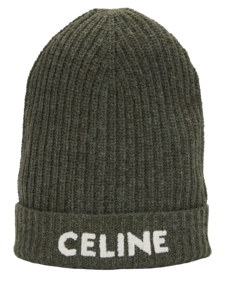 Celine Paris Khaki Green White Logo Laine Wool Knit Beanie Winter