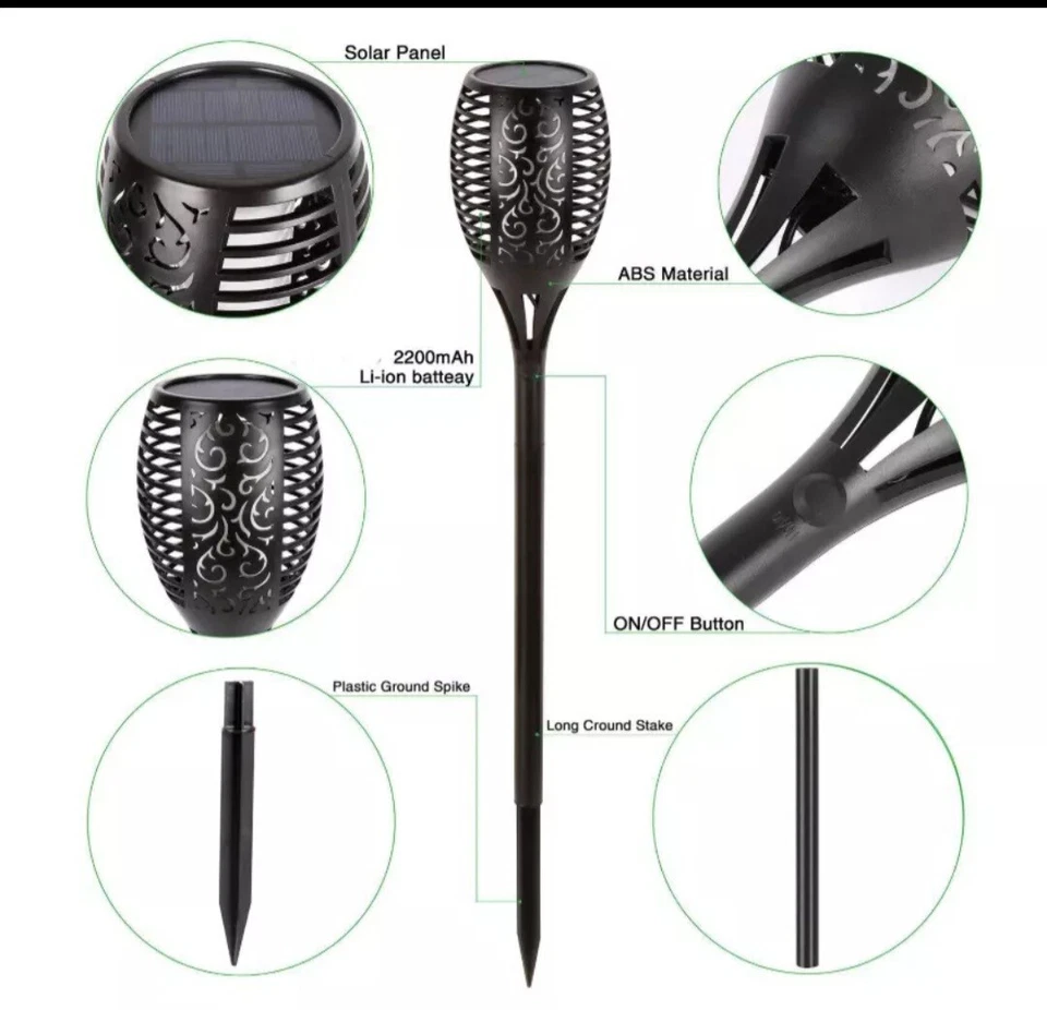 2X Solar Torch Garden Light 96LED Flickering Dancing Flame Patio walkway78cm - Image 4 of 4