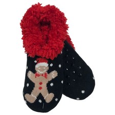 Womens Plush Black Red Gingerbread Man Christmas Holiday Slippers OSFM