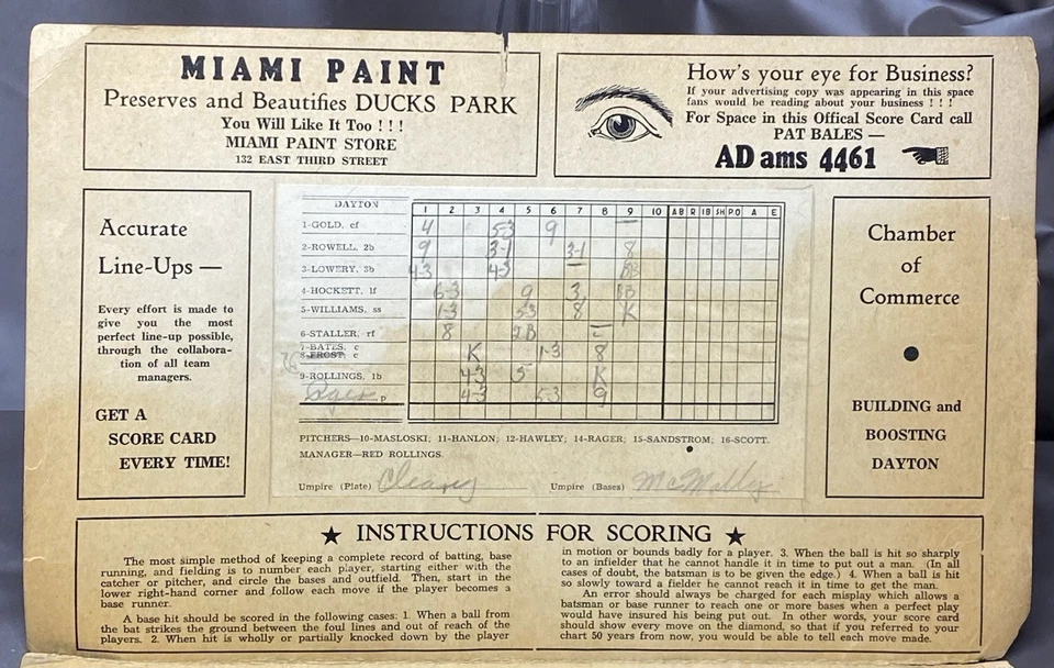 Cincinnati Reds Versus Dayton Ducks 1938 Scorecard - Image 4 of 4